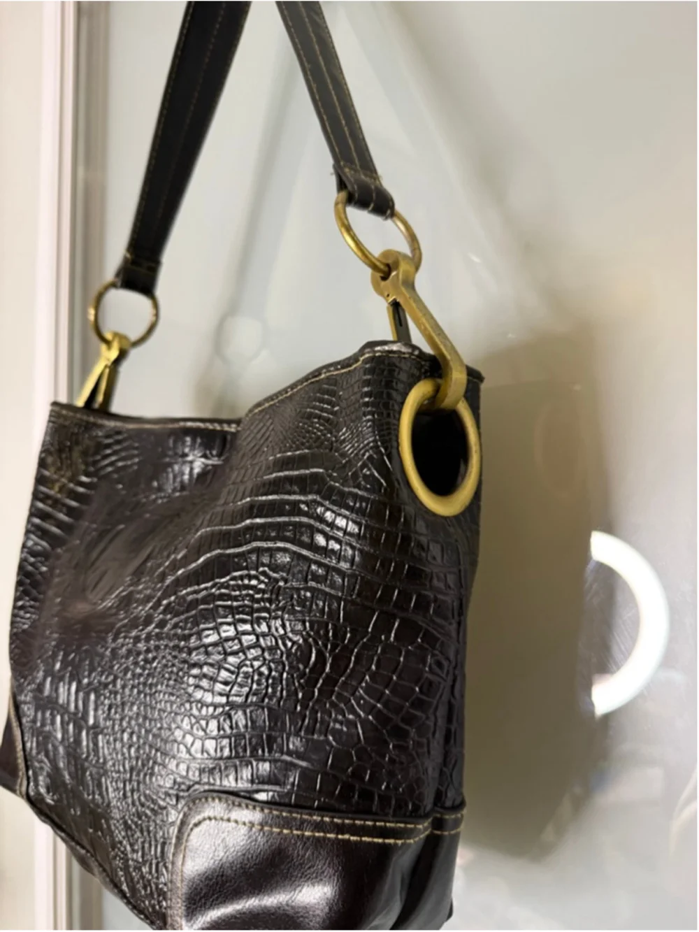 Bueno Black Croc Embossed Shoulder Bag with Gold Toned Hardware